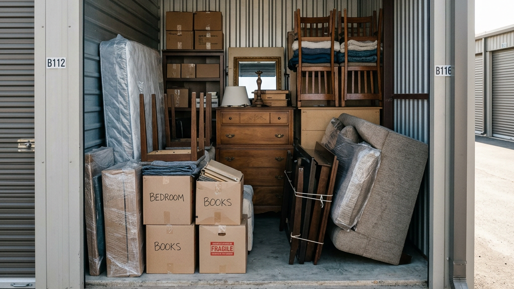Open storage unit B114 with boxes labeled BEDROOM, BOOKS, and FRAGILE; neighboring units B112 and B116